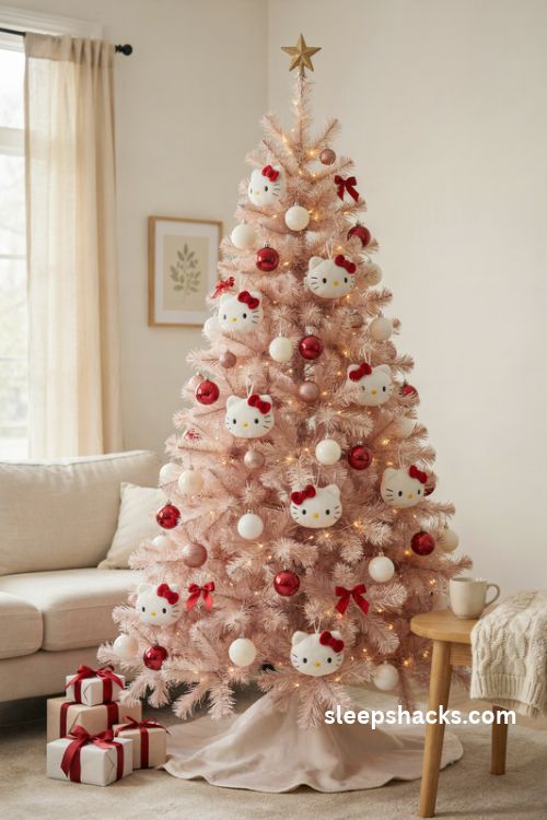 Hello Kitty Christmas tree with mixed size face ornaments red bows and pink branches