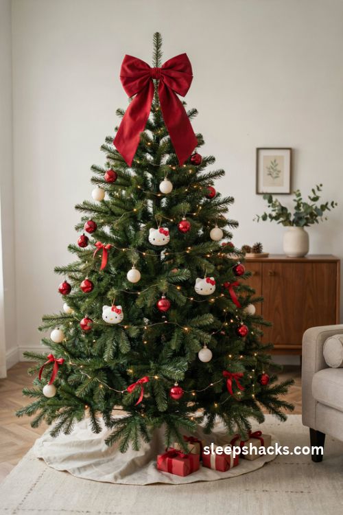 Hello Kitty Christmas tree with oversized red satin bow topper and elegant holiday ornaments