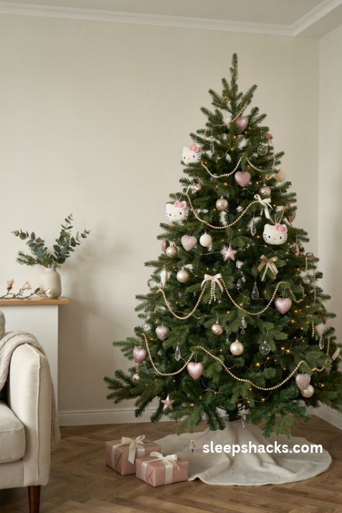 Hello Kitty Christmas tree with pearl garland glitter hearts crystal drops and pastel ornaments