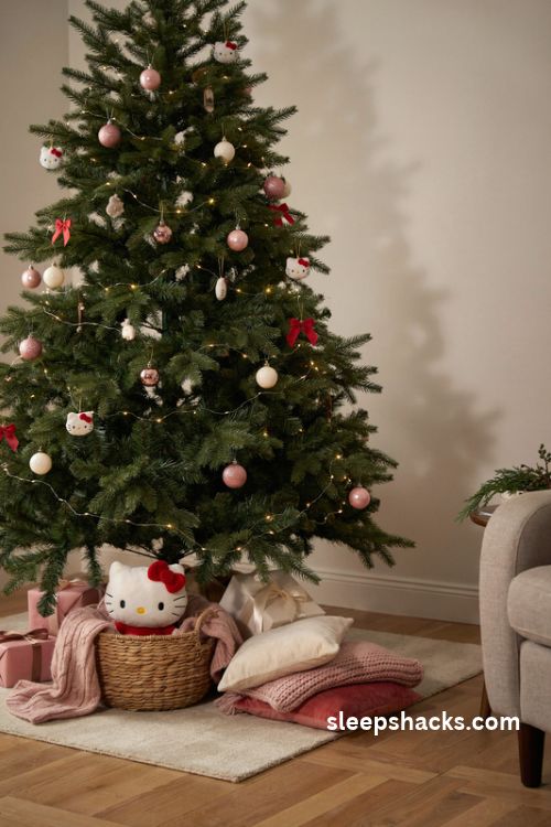 Hello Kitty Christmas tree with plush toy pink blanket cozy wicker basket and wrapped gifts