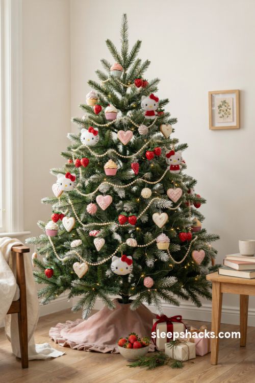 Hello Kitty Christmas tree with strawberry cupcake and heart cookie ornaments and pearl garland