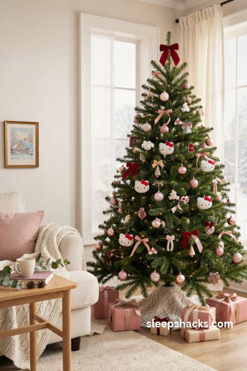Hello kitty Christmas tree with pink bows white ornaments and cute character decorations