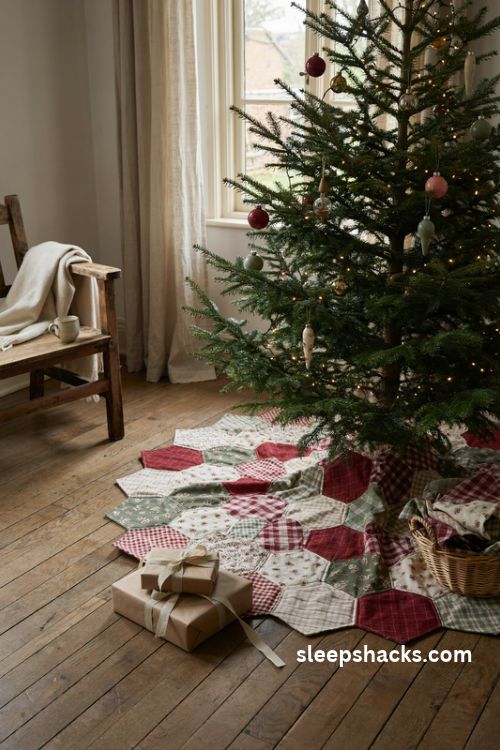 Hexagon quilted christmas tree skirt pattern with vintage country patchwork