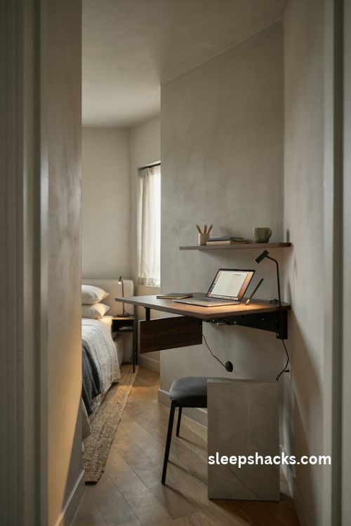 Hidden fold down desk in a small men's bedroom with dark walnut furniture and space saving workspace