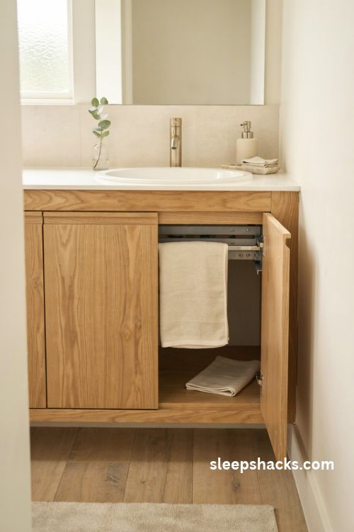 Hidden pull out towel bar inside a minimalist bathroom vanity with natural oak cabinets and ivory hand towel