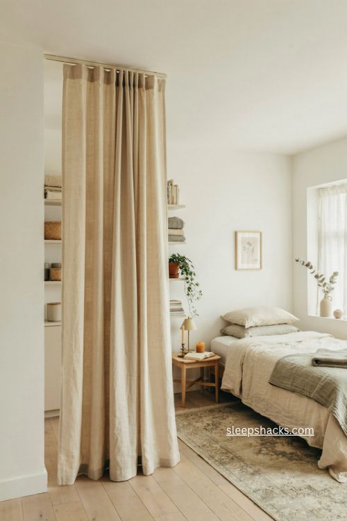 Hide shelving behind a curtain for stylish guest room storage
