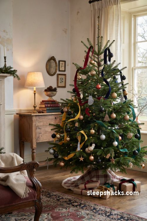 Hogwarts house colors christmas tree with gryffindor ravenclaw hufflepuff and slytherin ornaments