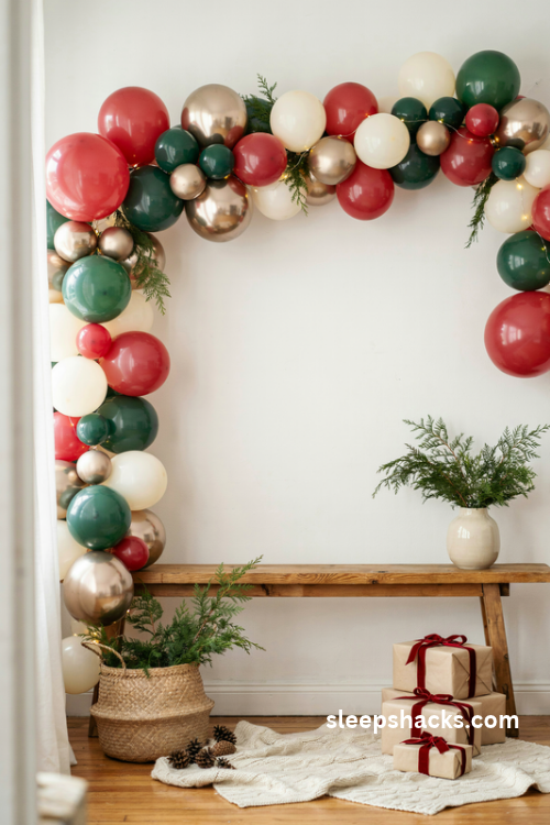 Holiday balloon garland christmas photo backdrop with red green white and gold balloons