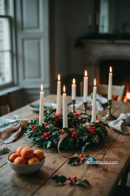 Holly and red berry christmas advent wreath with white candles and gold ribbon