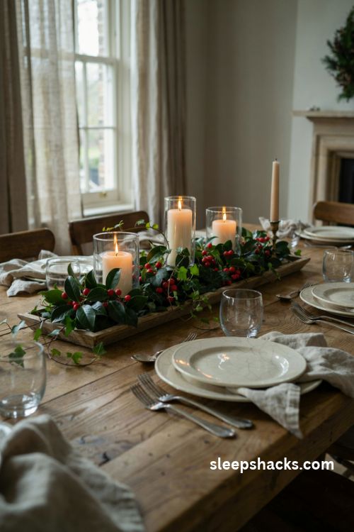 Holly ivy and red berry Christmas centerpiece in a rustic wooden tray with ivory candles