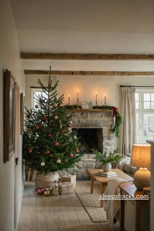 Home christmas decor ideas for a cozy festive living room with simple coordinated decorations
