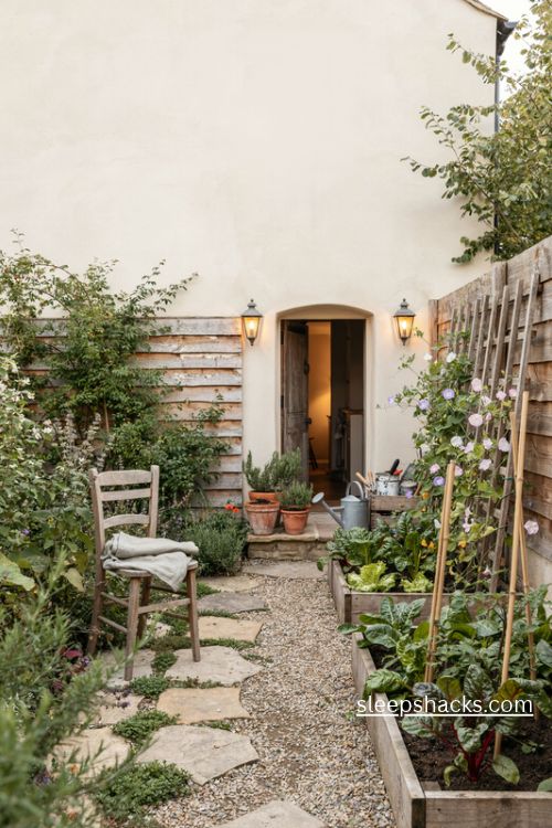 Home garden ideas with raised beds terracotta herb pots climbing greenery and a cozy evening seating corner