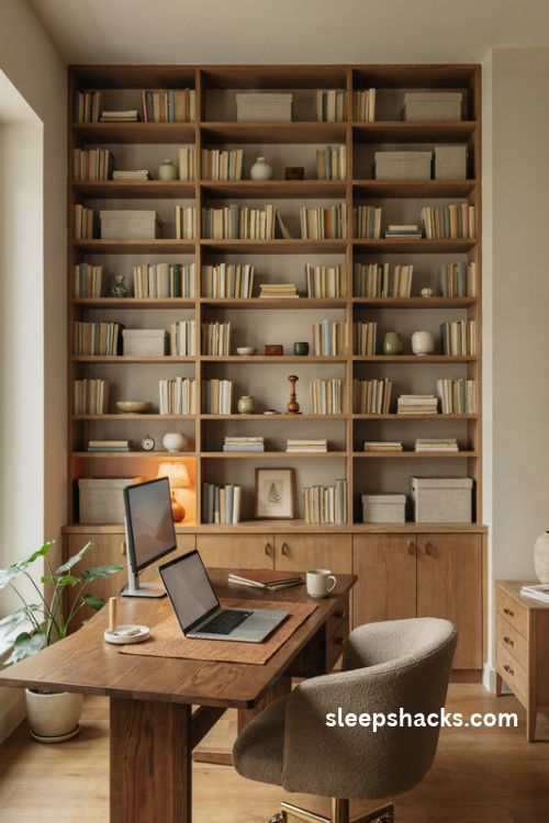 Home office bookshelf wall behind desk with built in storage and warm library inspired decor