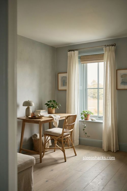 Home office desk by window with blue green trim woven shade rattan chair and soft daylight 