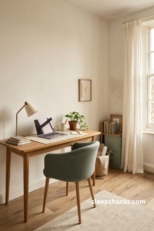 Home office layout ideas with a practical wooden desk and cozy neutral workspace