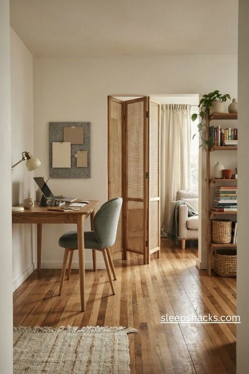 Home office table setup defined by a textured area rug and natural folding screen 
