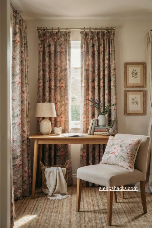 Home office with floral curtains pastel chair pillow neutral desk and cozy cottage decor 