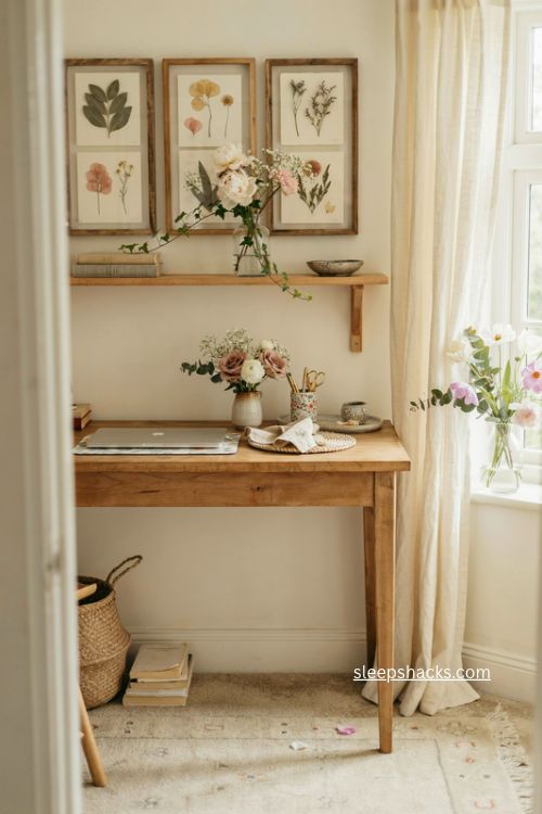Home office with fresh flowers mismatched vases botanical wall art and soft pink green decor 