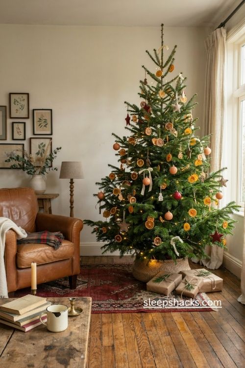 Homemade Christmas tree ornaments with dried orange slices and handmade keepsakes