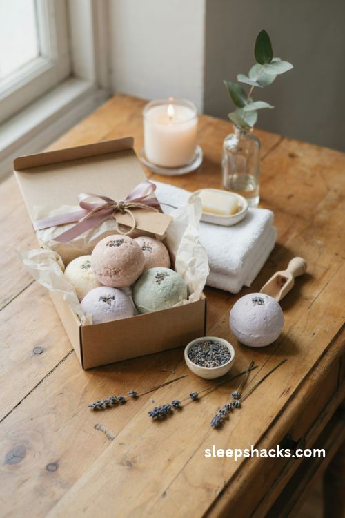 Homemade bath bombs diy christmas gift set with dried lavender and rustic gift wrapping