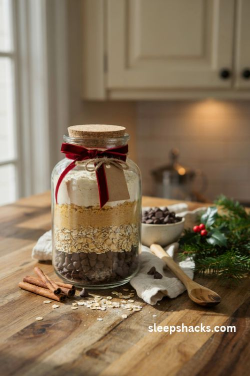 Homemade cookie mix jar Christmas gift idea with layered baking ingredients ribbon and rustic kitchen styling