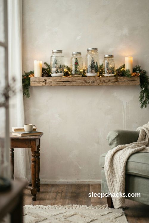Homemade mason jar snow globes with tiny winter scenes and glowing christmas lights