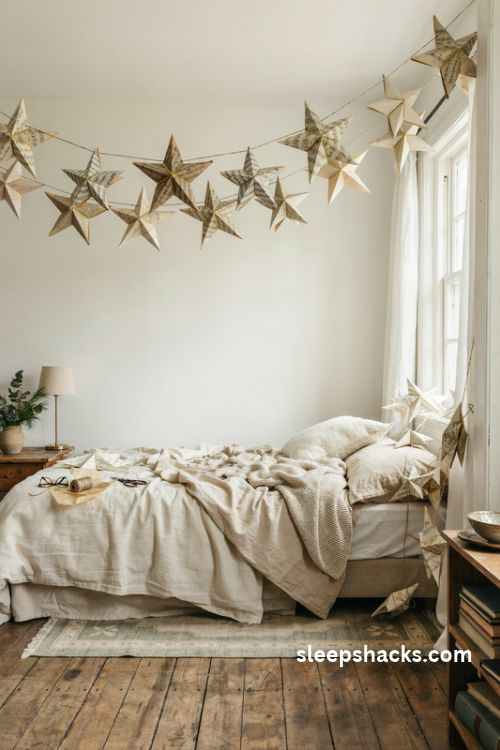 Homemade paper star garland for cozy vintage christmas bedroom decor