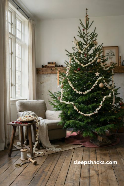 Homemade popcorn and cranberry christmas garland for a nostalgic rustic tree
