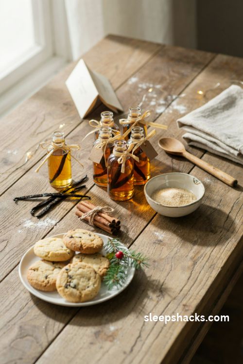 Homemade vanilla extract in amber bottles with vanilla beans and rustic christmas gift wrapping