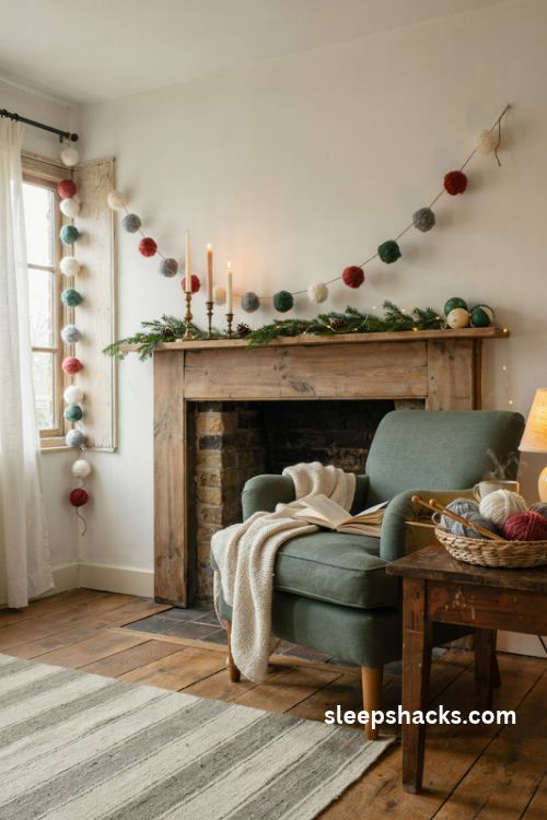 Homemade yarn pom pom christmas garland in cozy neutral and festive colors