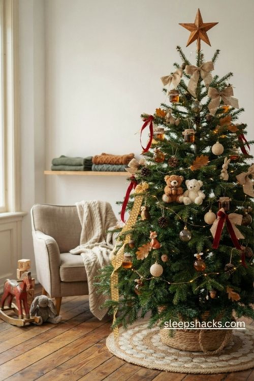 Honey bear woodland christmas tree with golden ornaments plush bears and pinecones