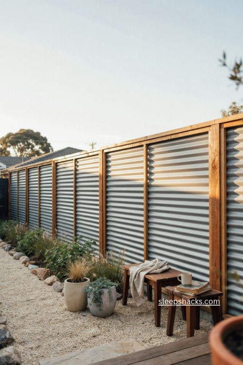 Horizontal corrugated metal fence with cedar frame for a modern backyard