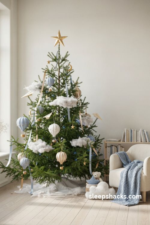 Hot air balloon Christmas tree with clouds stars and soft blue ornaments