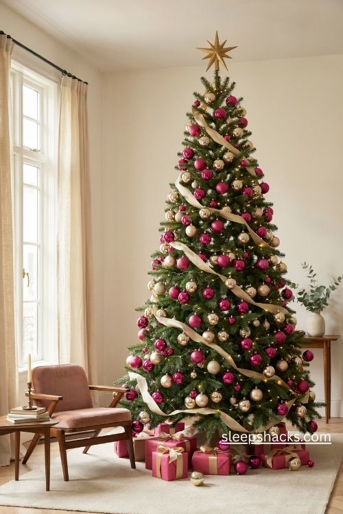 Hot pink and gold christmas tree decorations with bold ornaments and glamorous ribbon