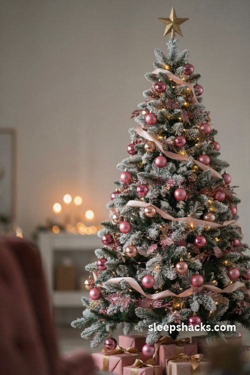 Hot pink and gold christmas tree with blush satin ribbon and sparkling ornaments