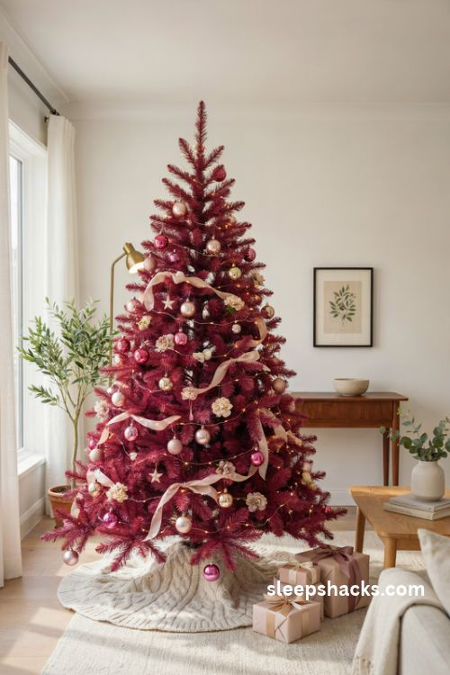 Hot pink christmas tree with warm white lights in a bright cream and white living room