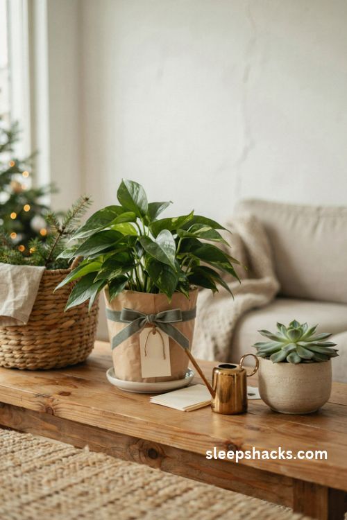 Houseplant Christmas present idea with a lush green pothos in a ceramic pot kraft paper gift wrapping velvet ribbon and cozy winter home decor