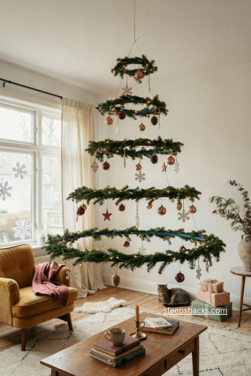 Hula hoop hanging christmas tree with garland lights and modern playful holiday decor