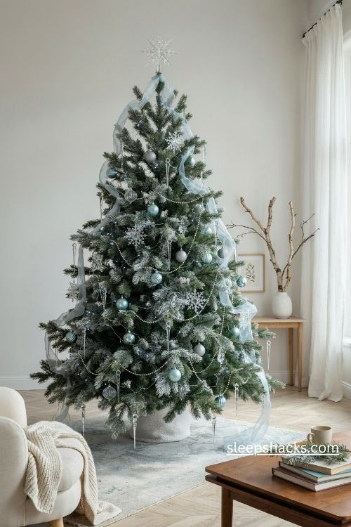 Ice queen winter christmas tree with frosted branches silver icicles and pale blue ribbons