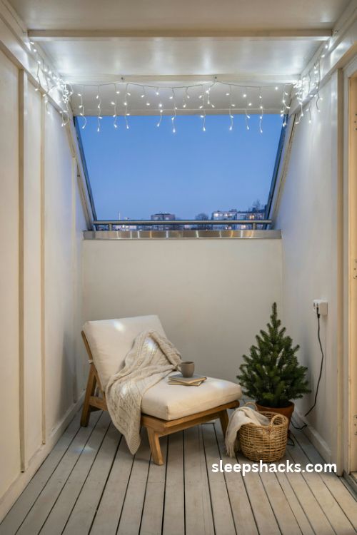 Icicle Christmas lights under a covered balcony ceiling with a cozy chair and blanket