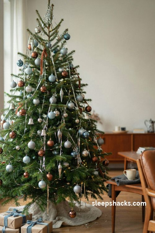 Icy blue and brown Christmas tree with silver tinsel glass ornaments and retro holiday decor