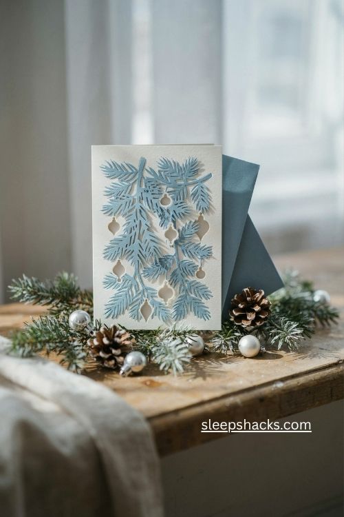 Icy blue pine and ornament die cut Christmas card with silver details