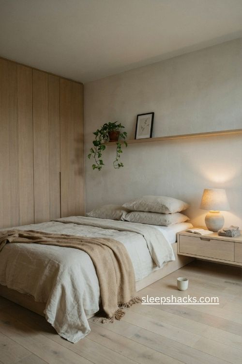 Ikea Japandi bedroom with pale wood and neutral decor 