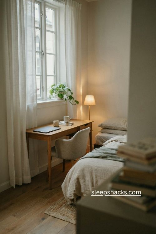 Ikea bedroom workspace with slim desk by the window 