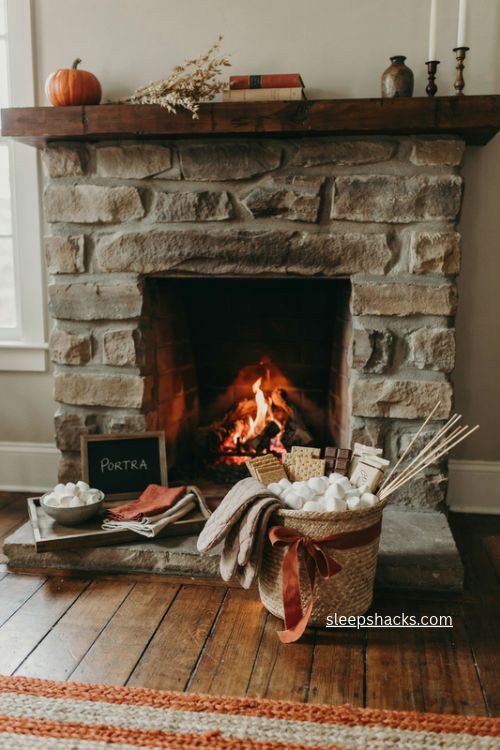 Indoor smores station fireplace decor with cozy fall basket and treats 