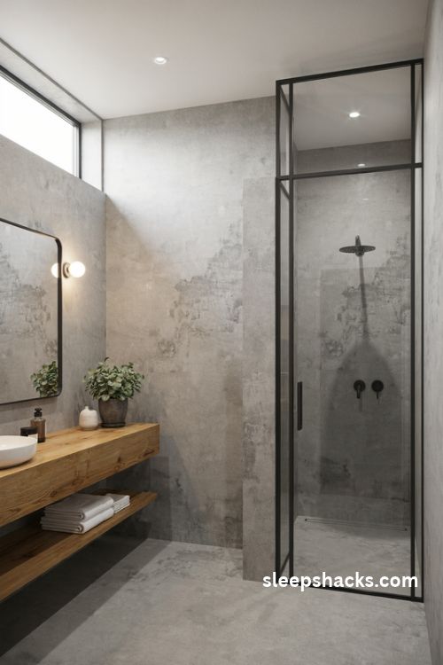 Industrial gray microcement bathroom with matte black fixtures and framed glass shower