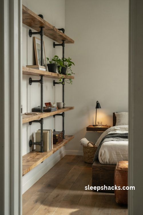 Industrial pipe shelving with reclaimed wood boards in a small men's bedroom with black metal brackets