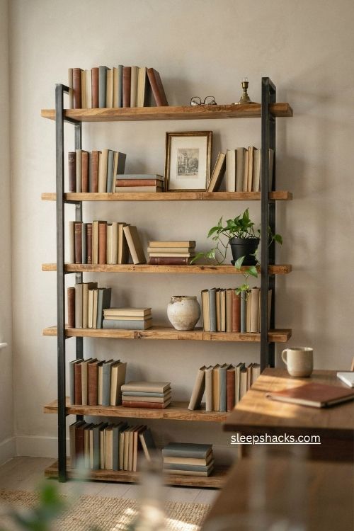 Industrial style bookshelves with reclaimed wood and black metal in a masculine office
