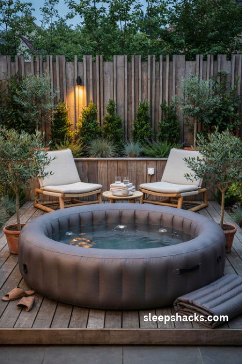 Inflatable hot tub with bubble jets and cozy year round backyard spa decor
