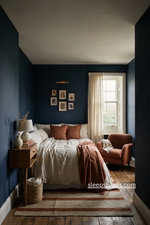 Inky navy bedroom ideas with rust bedding earthy chair and cinematic lighting